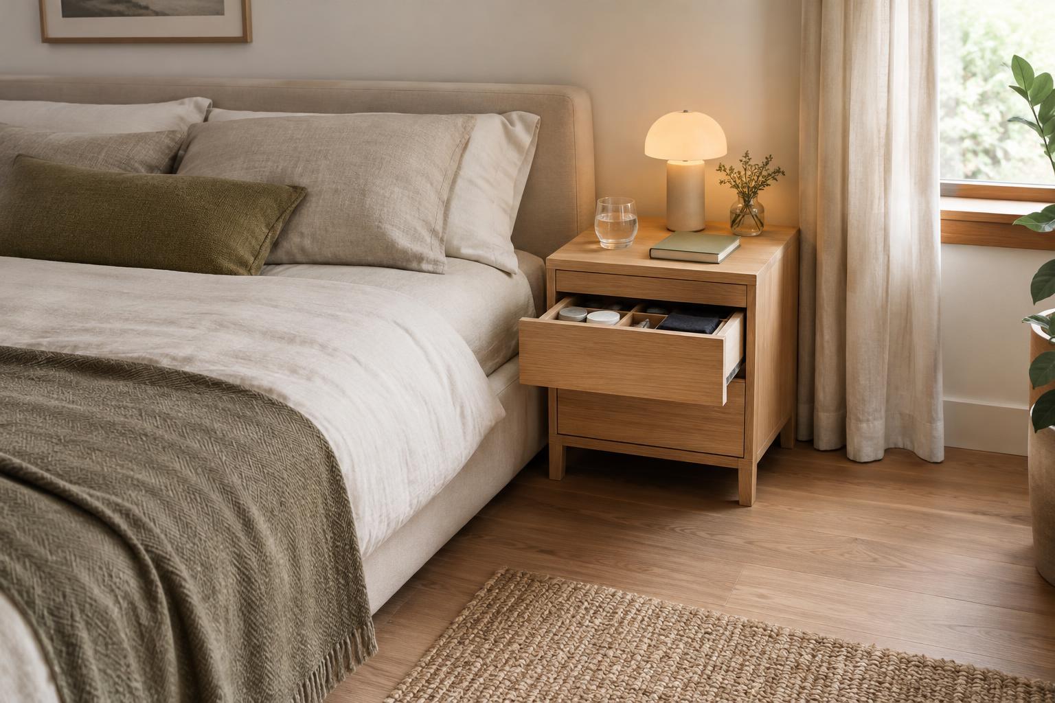 How to Choose a Bedside Table for Reach, Storage, and Space